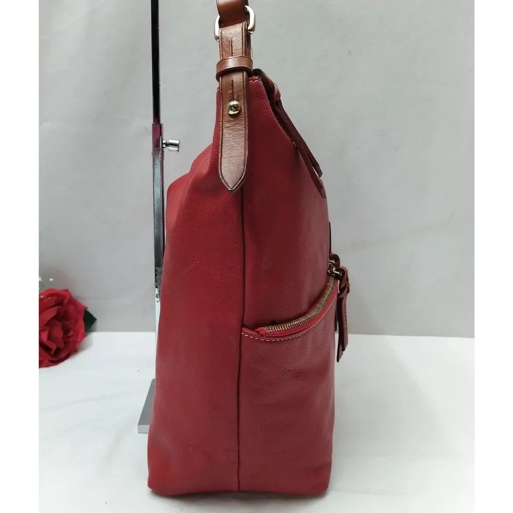 Dooney & Bourke Red Pebbled Leather Zipper Pockets Hobo Shoulder Bag